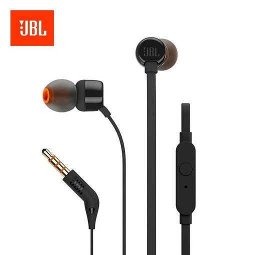 Auriculares JBL T110 Black In-Ear color negro con micrófono integrado y conexión de 3,5 mm.