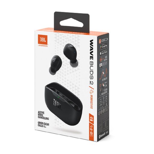 Auricular inalámbrico JBL Wave Buds 2 Black con conexión Bluetooth, cancelación de ruido, sonido JBL de alta calidad y batería de larga duración.
