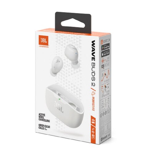 Auricular inalámbrico JBL Wave Buds 2 White con conexión Bluetooth, cancelación de ruido, sonido JBL de alta calidad y batería de larga duración.
