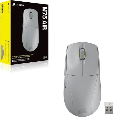 Mouse gaming Corsair M75 Air Wireless, modelo CH-931D102-NA, ultraligero en color gris claro con sensor óptico de 26.000 DPI y conectividad inalámbrica Slipstream