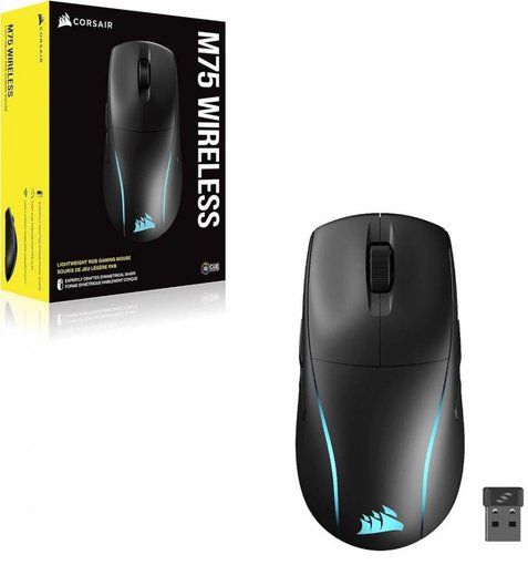 Mouse Corsair M75 Wireless RGB Gaming color negro con tecnología inalámbrica SLIPSTREAM y Bluetooth, sensor óptico de alta precisión, iluminación RGB y diseño liviano para gaming competitivo.