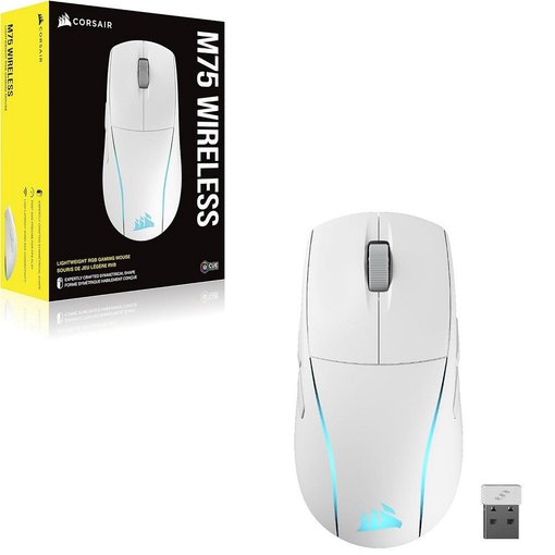 Mouse Corsair M75 Wireless RGB Gaming color blanco con tecnología inalámbrica SLIPSTREAM y Bluetooth, sensor óptico de alta precisión, iluminación RGB y diseño liviano para gaming competitivo.