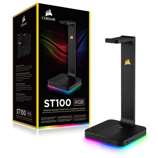 Soporte para vincha Corsair ST100 RGB Premium con iluminación RGB personalizable, base antideslizante y puertos USB 3.1 para organizar y exhibir auriculares gamer.