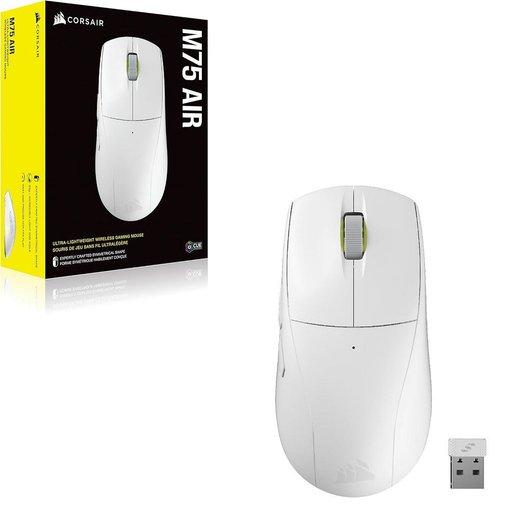Mouse Corsair M75 AIR Wireless Gaming color blanco con tecnología inalámbrica SLIPSTREAM y Bluetooth, sensor óptico de alta precisión, diseño ultraliviano y rendimiento profesional para eSports.