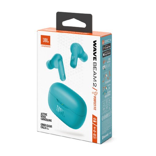 Auricular inalámbrico JBL Wave Beam 2 Celeste con conexión Bluetooth, cancelación de ruido, sonido JBL de alta calidad y batería de larga duración.