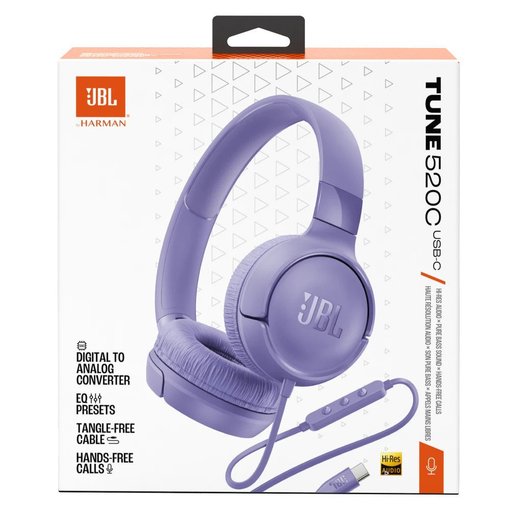 Auriculares JBL Tune 520C USB-C color púrpura con sonido Hi-Res y micrófono integrado.
