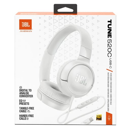 Vincha JBL Tune 520C color blanco con conexión por cable USB-C y diseño cómodo.