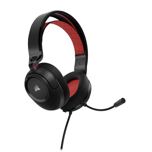 Vincha Corsair HS35 V2 Gaming color rojo con conexión 3.5 mm, sonido estéreo de alta calidad, micrófono unidireccional desmontable y diseño cómodo para PC, consolas y dispositivos móviles.
