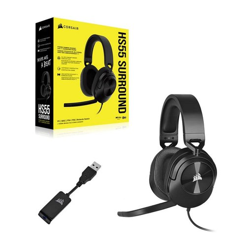 Vincha Corsair HS55 Surround V2 Gaming color negro con conexión 3.5 mm, sonido envolvente, micrófono omnidireccional con cancelación de ruido y diseño liviano para PC, PlayStation, Xbox y Nintendo Switch.