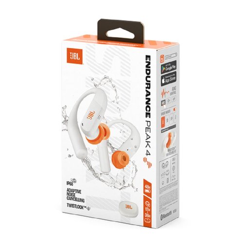 Auricular deportivo inalámbrico JBL Endurance Peak White con diseño ergonómico, conexión Bluetooth, sonido JBL potente y ajuste seguro para entrenamiento, color blanco.