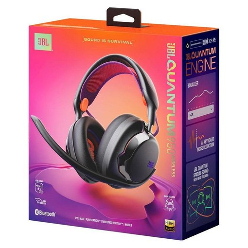 Auriculares gamer JBL Quantum 950 color negro con sonido JBL QuantumSPATIAL 360, micrófono desmontable y conexión inalámbrica.
