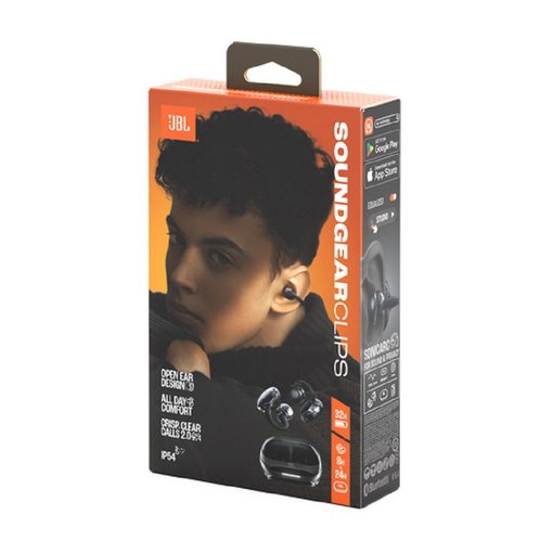 Auricular inalámbrico JBL Soundgear Clips Black con diseño abierto tipo clip, conexión Bluetooth, sonido JBL de calidad y formato cómodo para uso diario.