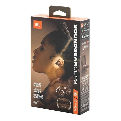 Auricular inalámbrico JBL Soundgear Clips Brown con diseño abierto tipo clip, conexión Bluetooth, sonido JBL de calidad y formato cómodo para uso diario.