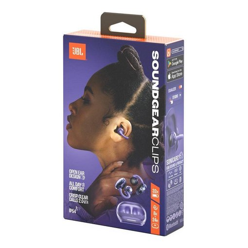 Auricular inalámbrico JBL Soundgear Clips Blue con diseño abierto tipo clip, conexión Bluetooth, sonido JBL de calidad y formato cómodo para uso diario.