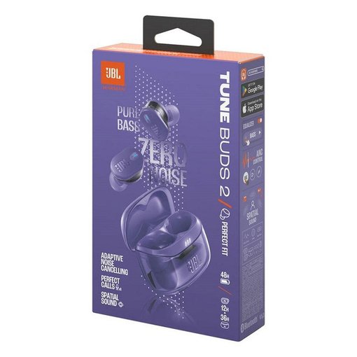 Auricular inalámbrico JBL Tune Buds 2 Lila con sonido JBL Pure Bass, cancelación activa de ruido, Bluetooth y micrófonos integrados para llamadas claras, modelo JBLTBUDS2GMAEAM.