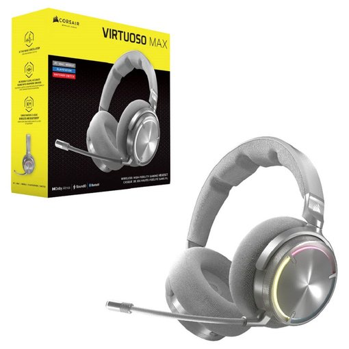 Vincha Corsair VIRTUOSO MAX Wireless color Silver con conexión inalámbrica SLIPSTREAM y Bluetooth, sonido de alta fidelidad, cancelación activa de ruido (ANC), micrófono desmontable y gran autonomía para gaming y creación de contenido.