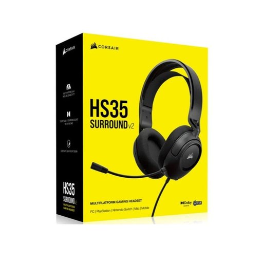 Vincha Corsair HS35 Surround V2 color Carbon con conexión 3.5 mm, sonido envolvente, micrófono unidireccional desmontable y diseño liviano para PC, PlayStation, Xbox y Nintendo Switch.