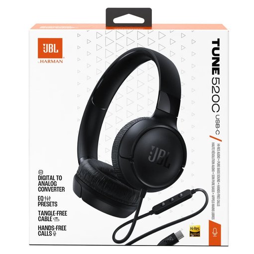 Auriculares JBL Tune 520C USB-C color negro con sonido Hi-Res, JBL Pure Bass y micrófono integrado.