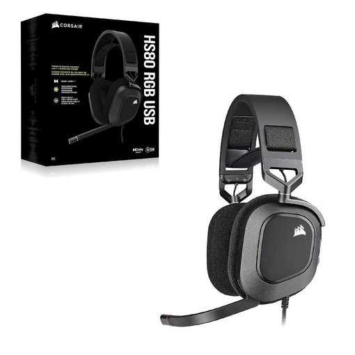 Auriculares Corsair HS80 RGB Carbon, modelo CA-9011237-NA, vincha premium con sonido envolvente de alta fidelidad, iluminación RGB personalizable y diseño ergonómico para gaming y uso profesional