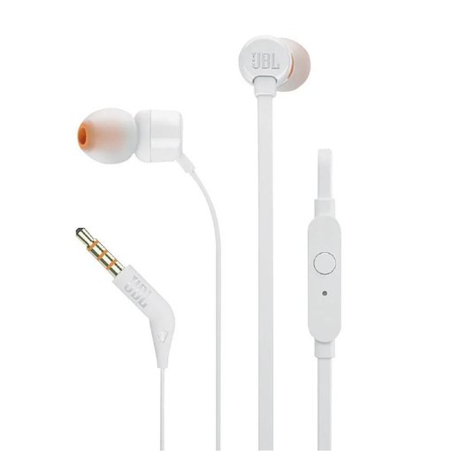 Auriculares JBL T110 White con cable, sonido JBL Pure Bass, micrófono integrado y diseño liviano para música, llamadas y uso diario.