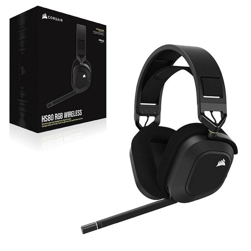Auriculares Corsair HS80 RGB Wireless Carbon, modelo CA-9011235-NA, vincha inalámbrica premium con sonido envolvente de alta fidelidad, iluminación RGB personalizable y diseño ergonómico para gaming y uso profesional