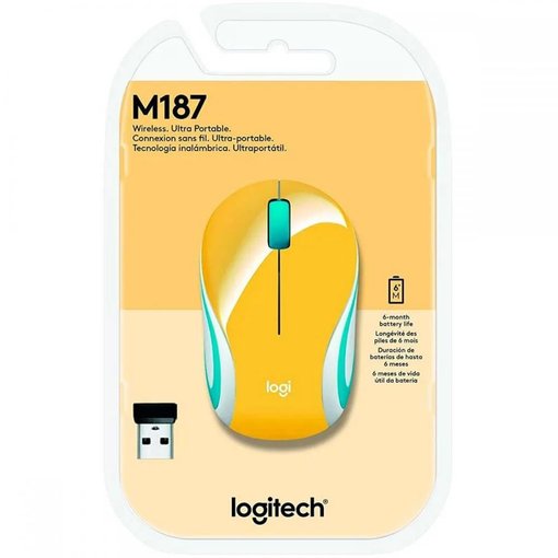 Mouse Logitech M187 inalámbrico color amarillo con nano receptor USB, sensor óptico de alta precisión, diseño compacto y portátil, ideal para PC, notebook y laptop.