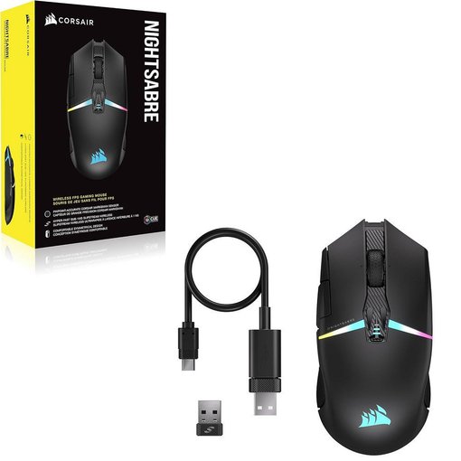 Mouse Corsair Nightsabre Wireless RGB CH-931B011-NA — ratón gaming inalámbrico con sensor óptico de alta precisión, retroiluminación RGB dinámica y diseño ergonómico en color negro, ideal para juegos competitivos.