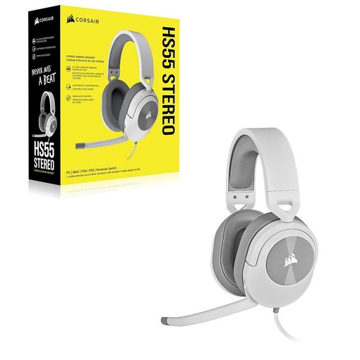 Auriculares Corsair HS55 Stereo White, modelo CA-9011261-NA, vincha ligera y cómoda en color blanco, sonido estéreo de alta calidad ideal para gaming y uso diario