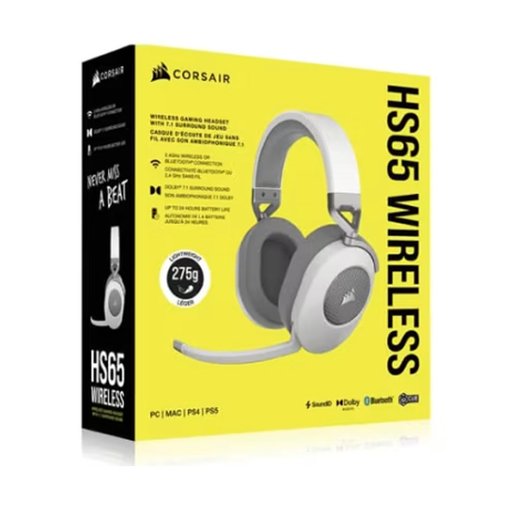 Auriculares Corsair HS65 Wireless White, modelo CA-9011286-NA2, vincha inalámbrica ligera en color blanco, sonido envolvente de alta calidad, batería de larga duración y comodidad superior para gaming y uso diario