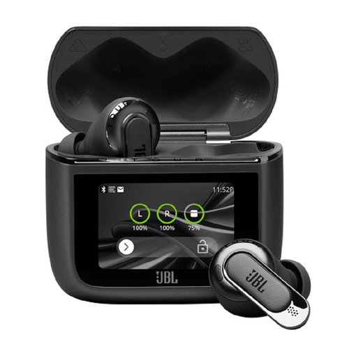 Auricular inalámbrico JBL Tour Pro 3 Black con cancelación activa de ruido adaptativa, sonido JBL de alta fidelidad, Bluetooth y estuche inteligente con pantalla.