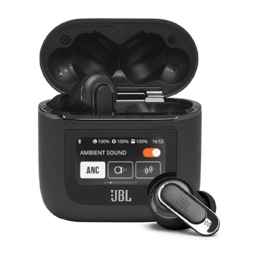 Auricular inalámbrico JBL Tour Pro 2 Black con cancelación activa de ruido adaptativa, sonido JBL de alta fidelidad, Bluetooth y estuche con pantalla táctil.