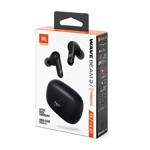 Auricular inalámbrico JBL Wave Beam 2 Black con conexión Bluetooth, cancelación de ruido, sonido JBL de alta calidad y batería de larga duración.