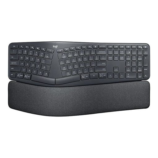 Teclado Logitech Ergo K860 ergonómico con distribución en inglés, conexión Bluetooth y receptor USB, reposamuñecas acolchado y diseño dividido para mayor comodidad.