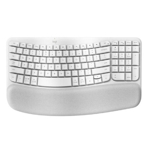 Teclado Logitech Wave Keys color blanco con diseño ergonómico, conexión Bluetooth y receptor Logi Bolt, reposamuñecas acolchado y distribución cómoda para máxima productividad.