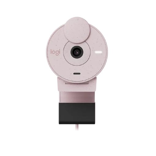Webcam Logitech Brio 300 color rosa con resolución Full HD 1080p, conexión USB-C, micrófono con reducción de ruido y obturador de privacidad integrado para videollamadas.