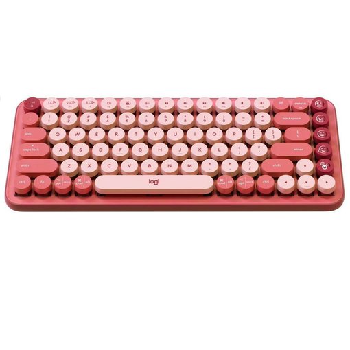 Teclado Logitech POP Keys Heartbreaker Rose con distribución en español, conexión Bluetooth y receptor Logi Bolt, teclas mecánicas, teclas de emojis personalizables y diseño retro.