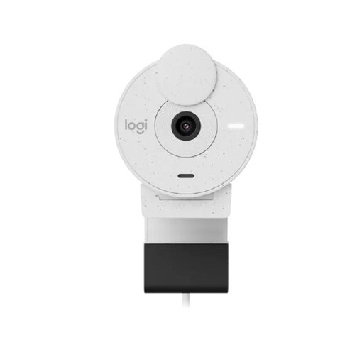Webcam Logitech Brio 300 color blanco con resolución Full HD 1080p, conexión USB-C, micrófono con reducción de ruido y obturador de privacidad integrado para videollamadas.