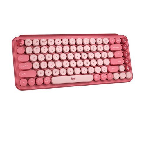 Teclado Logitech POP Keys Heartbreaker Rose con distribución en inglés, conexión Bluetooth y receptor Logi Bolt, teclas mecánicas, teclas de emojis personalizables y diseño retro.