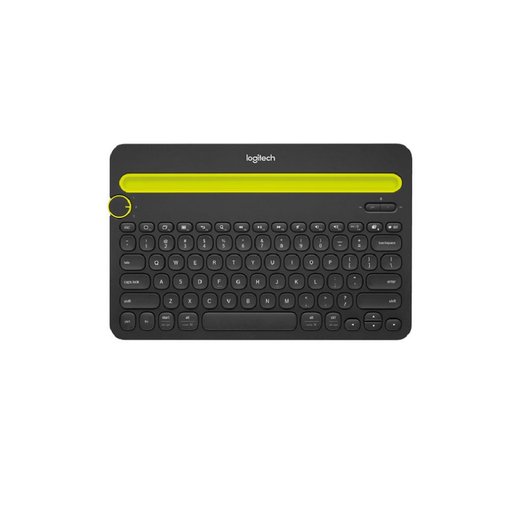 Teclado Logitech K480 color negro con conexión Bluetooth, compatible con PC, Mac, tablet y smartphone, soporte integrado para dispositivos y diseño multidispositivo.