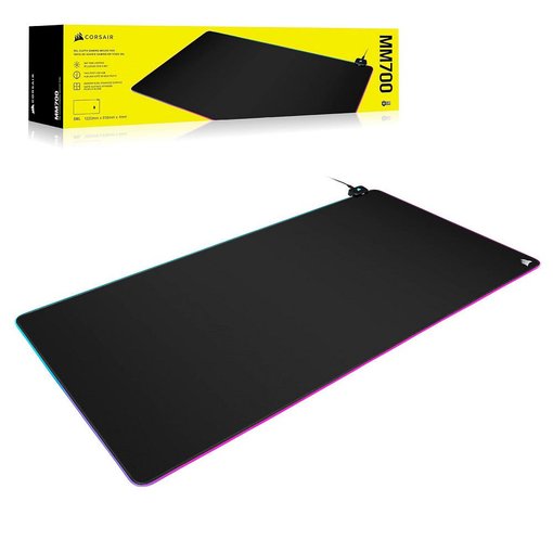Mouse Pad Corsair MM700 RGB Extended 3XL con iluminación RGB de tres zonas, amplia superficie de tela de alta precisión, base antideslizante y conexión USB para setups gamer.