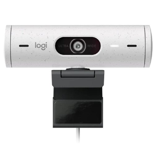 Webcam Logitech Brio 500 color blanco con resolución Full HD 1080p, conexión USB-C, encuadre automático, micrófonos con reducción de ruido y obturador de privacidad para videollamadas.