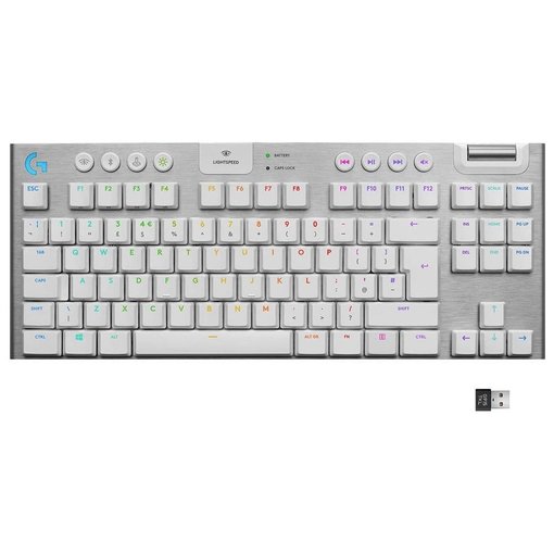 Teclado Logitech G915 TKL LIGHTSPEED Gaming inalámbrico con formato Tenkeyless, iluminación RGB LIGHTSYNC, switches mecánicos de perfil bajo y conexión LIGHTSPEED y Bluetooth.