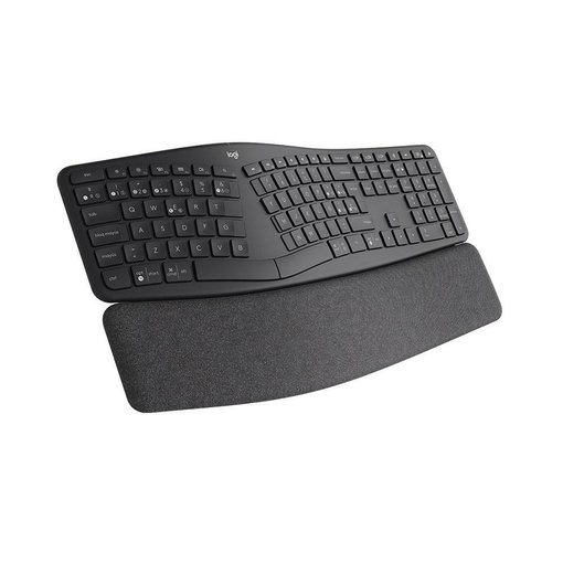 Teclado Logitech Ergo K860 ergonómico con distribución en español, conexión Bluetooth y receptor USB Logi Bolt, diseño dividido y reposamuñecas acolchado para mayor comodidad y productividad.