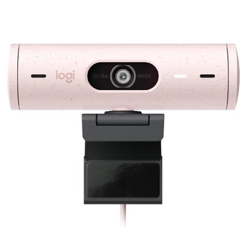Webcam Logitech Brio 500 color Rose con resolución Full HD 1080p, conexión USB-C, encuadre automático, micrófonos con reducción de ruido y obturador de privacidad para videollamadas profesionales.