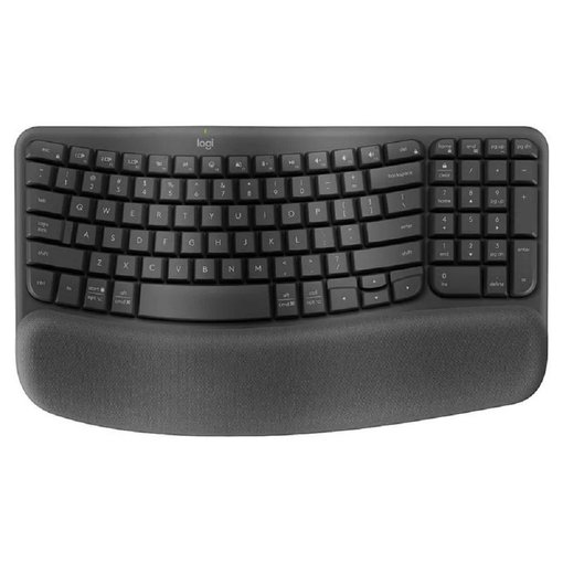 Teclado Logitech Wave Keys color Graphite con distribución en inglés, conexión Bluetooth y receptor Logi Bolt, diseño ergonómico con reposamuñecas acolchado para máxima comodidad y productividad.