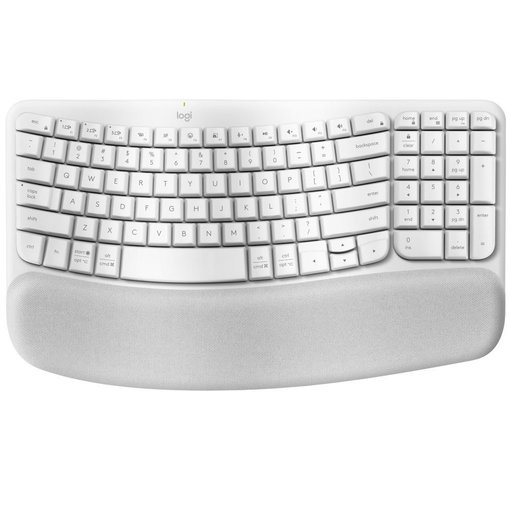 Teclado Logitech Wave Keys color blanco con distribución en inglés, conexión Bluetooth y receptor Logi Bolt, diseño ergonómico con reposamuñecas acolchado para máxima comodidad y productividad.