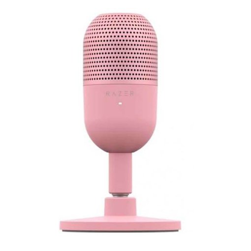 Micrófono Razer Seiren Mini en color rosa cuarzo, compacto y con calidad profesional para streaming y grabación