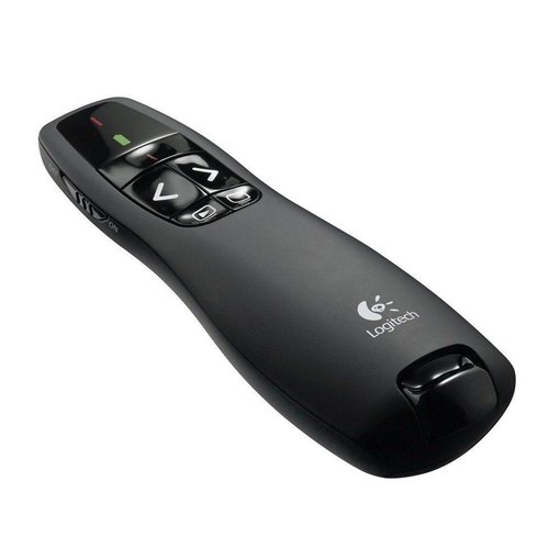 Presentador inalámbrico Logitech R400 color negro con receptor USB, puntero láser rojo, controles intuitivos y alcance de hasta 15 metros para presentaciones profesionales.