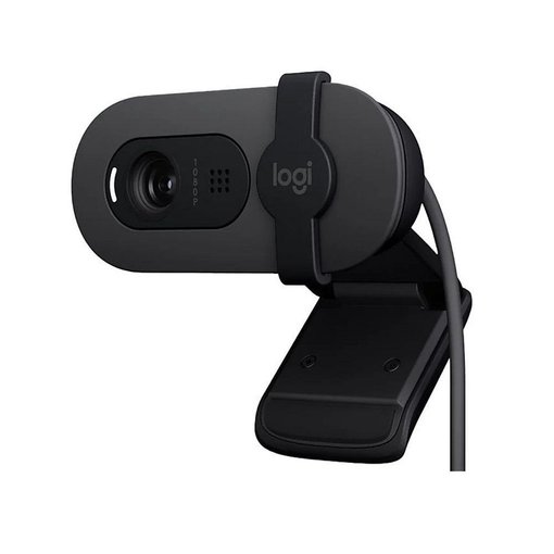 Webcam Logitech Brio 100 con resolución Full HD 1080p, conexión USB, micrófono integrado y obturador de privacidad, ideal para videollamadas, reuniones y clases online.