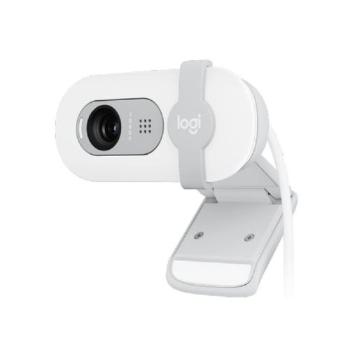 Webcam Logitech Brio 100 color Off White con resolución Full HD 1080p, conexión USB, micrófono integrado y obturador de privacidad para videollamadas y reuniones online.